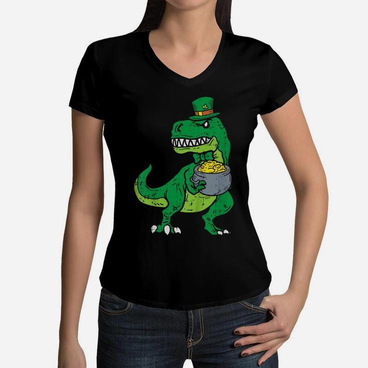 Kids Leprechaun Irish T-Rex Dinosaur St Patrick Day Boys Kid Gift Women V-Neck T-Shirt