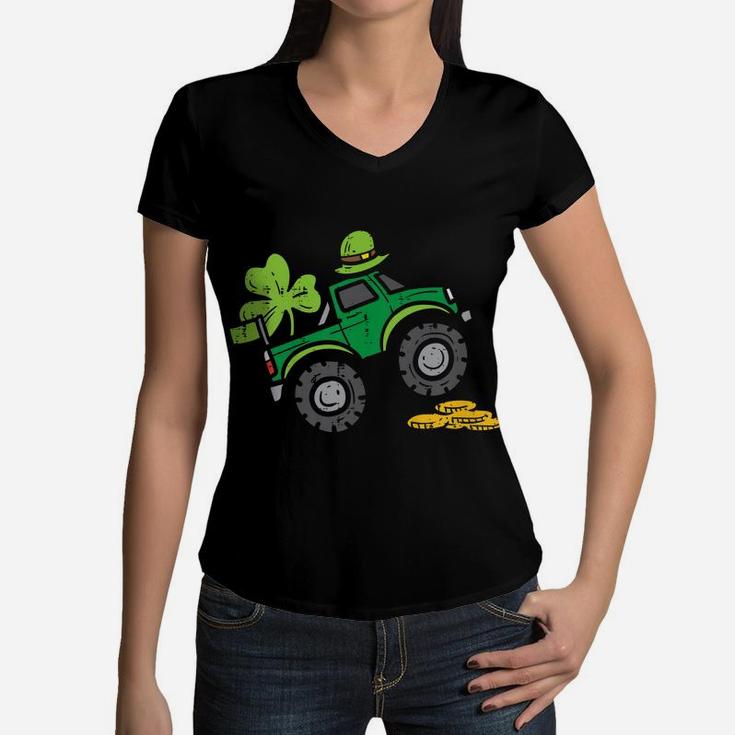 Kids Leprechaun Monster Truck Shamrock St Patrick Day Boys Gift Women V-Neck T-Shirt