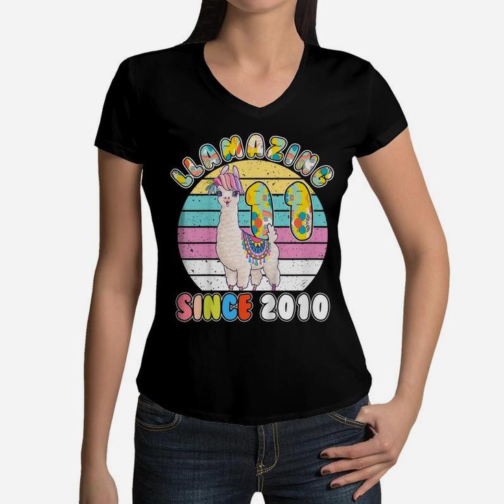 Kids Llama Girl 11 Year Old Llamazing Since 2010 11Th Birthday Women V-Neck T-Shirt