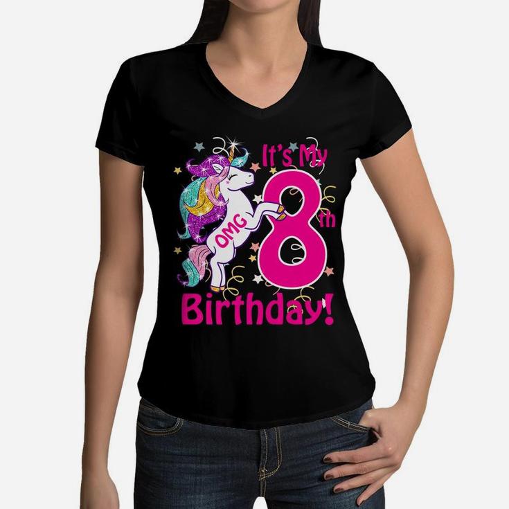 Kids Omg It's My 8Th Birthday Girls Unicorn 8 Years Old Outfit Women V-Neck T-Shirt
