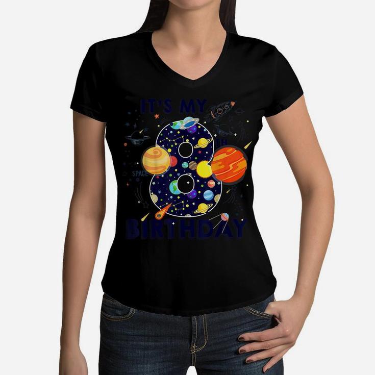 Kids Outer Space 8 Year Old 8Th Birthday Party Boys Girls Women V-Neck T-Shirt