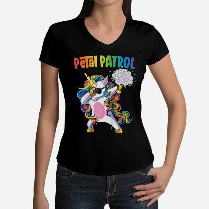 Kids Petal Patrol Shirt Flower Girl Wedding Dabbing Unicorn Women V-Neck T-Shirt