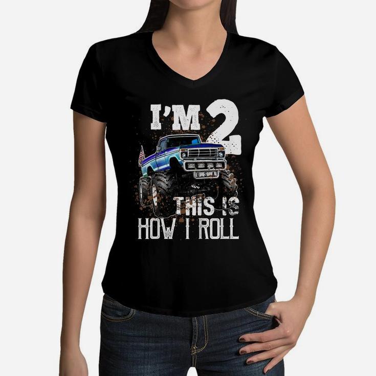 Kids This Is How I Roll Monster Truck 2Nd Birthday Shirt Boy Gift Women V-Neck T-Shirt