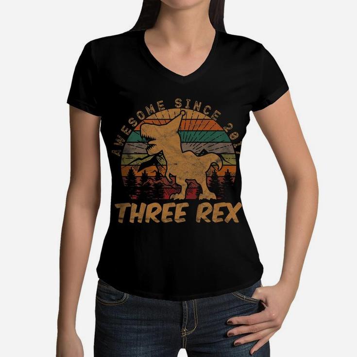 Kids Three Rex 3Rd Birthday Gifts Third Dinosaur 3 Year Old Women V-Neck T-Shirt