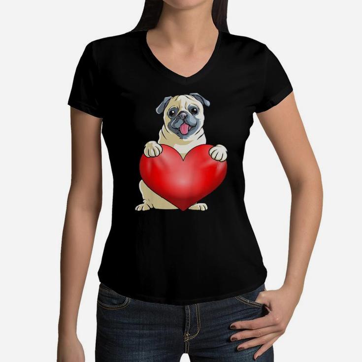 Kids Valentines Day Pug Women V-Neck T-Shirt