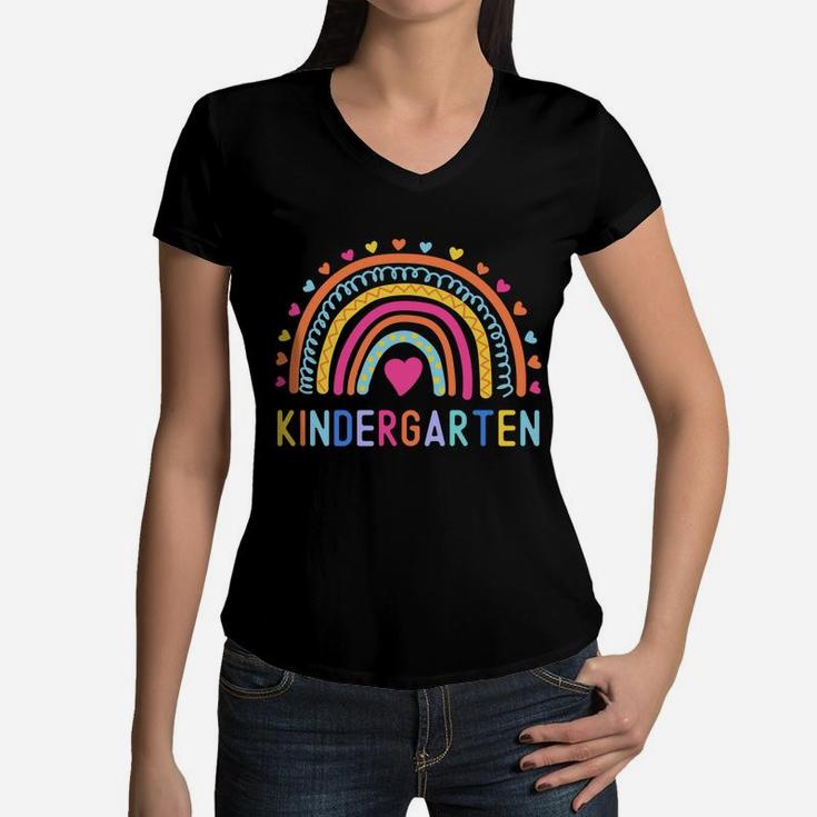 Kindergarten Rainbow Girls Kids Teacher Team Kinder Squad Women V-Neck T-Shirt