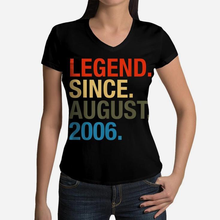 Legend Since August 2006 Boys Girls Bday Gifts 14Th Birthday Women V-Neck T-Shirt