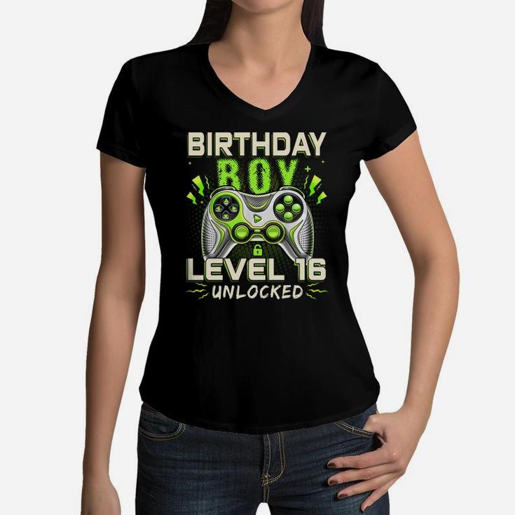 Level 16 Unlocked Video Game 16Th Birthday Gamer Boys Kids Women V-Neck T-Shirt