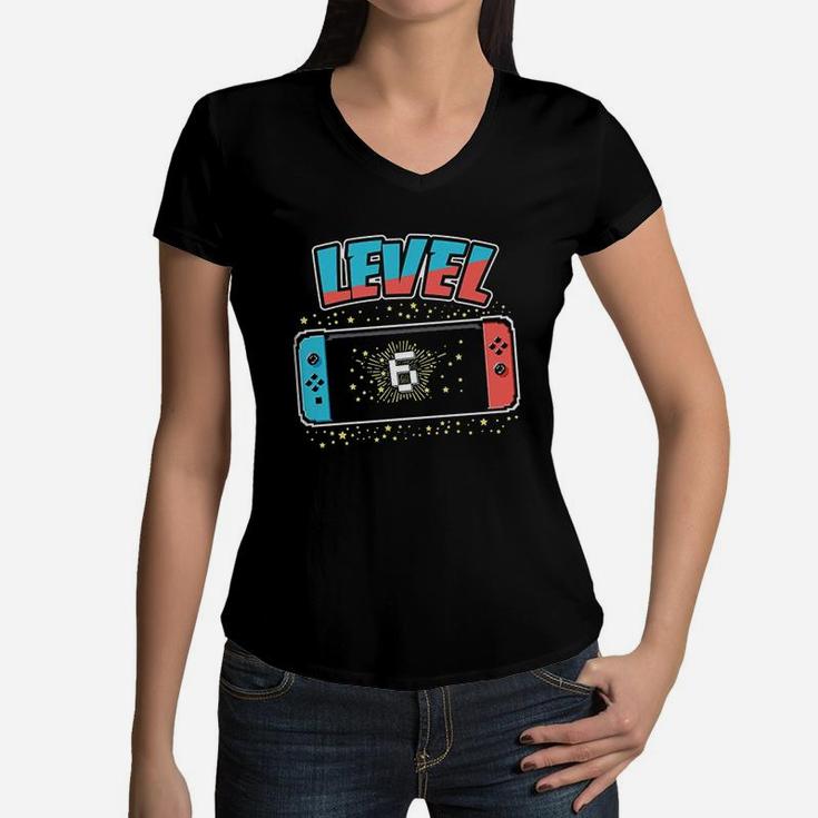 Level 6 Birthday Boy 6 Years Old Video Games Gift Women V-Neck T-Shirt