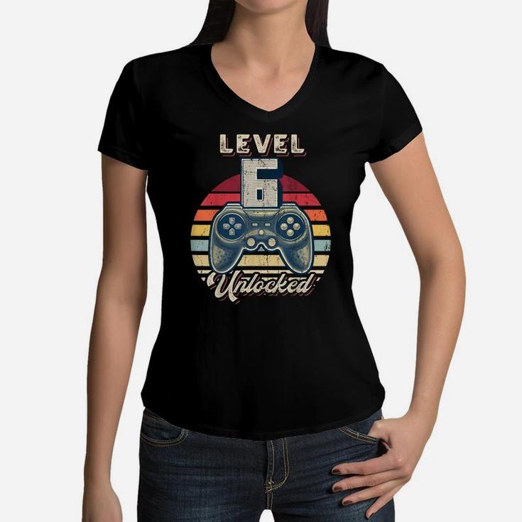 Level 6 Unlocked Video Game 6Th Birthday Gamer Boys Women V-Neck T-Shirt