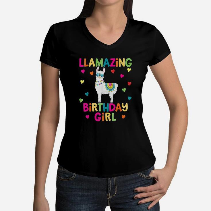 Llama Birthday Party Llamazing Girl Rainbow Women V-Neck T-Shirt