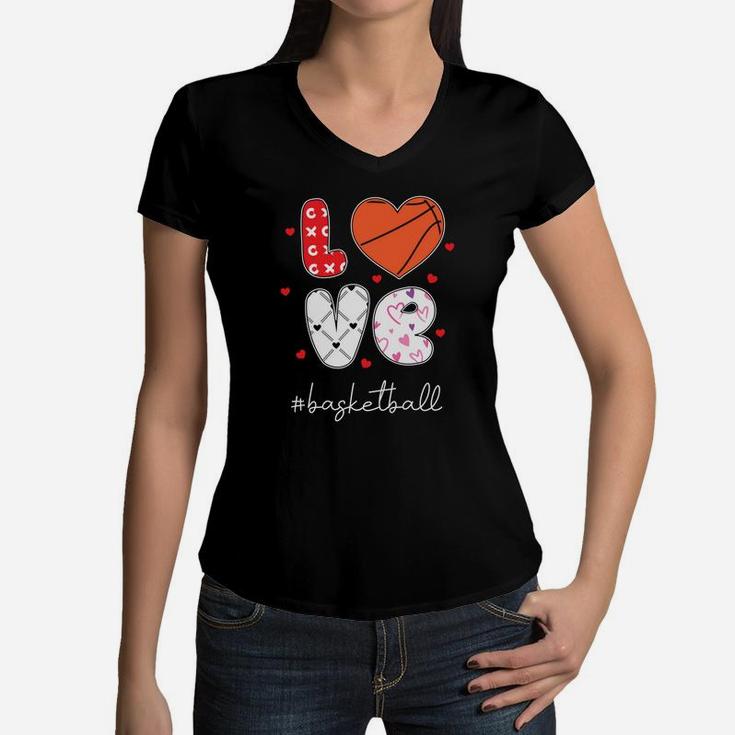 Love Basketball Gift For Valentine Happy Valentines Day Women V-Neck T-Shirt