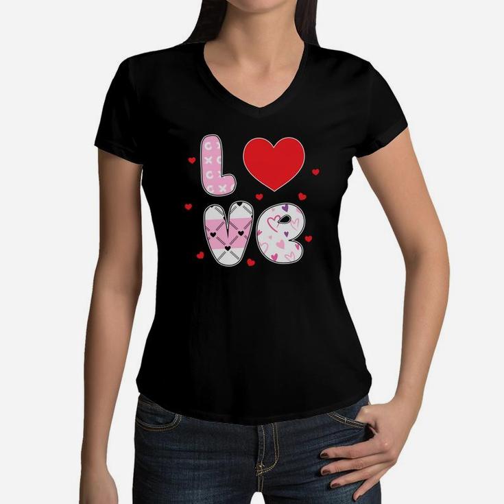 Love Valentine Gift Hearts Happy Valentines Day Women V-Neck T-Shirt