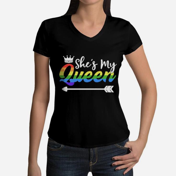 Matching Lesbian Couple Gift Her Queen Girlfriend Lgbt Pride Women V-Neck T-Shirt