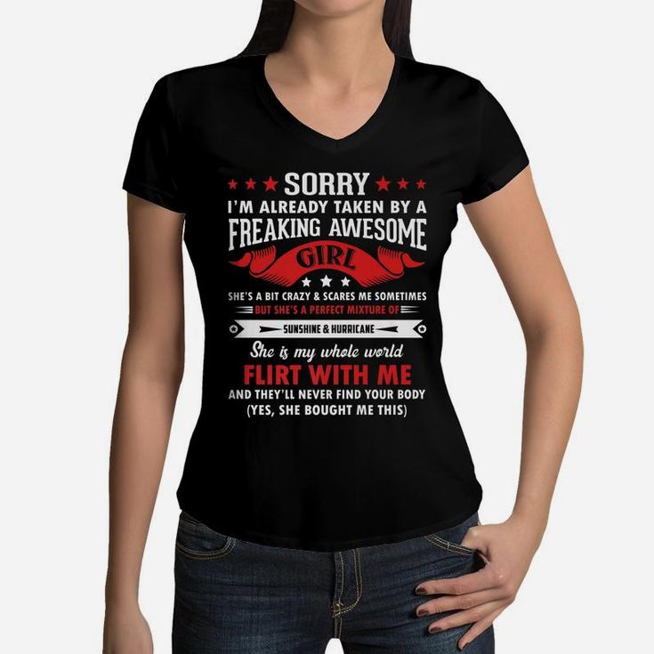 Mens Sorry I'm Already Taken By Freaking Awesome Girl Funny Women V-Neck T-Shirt