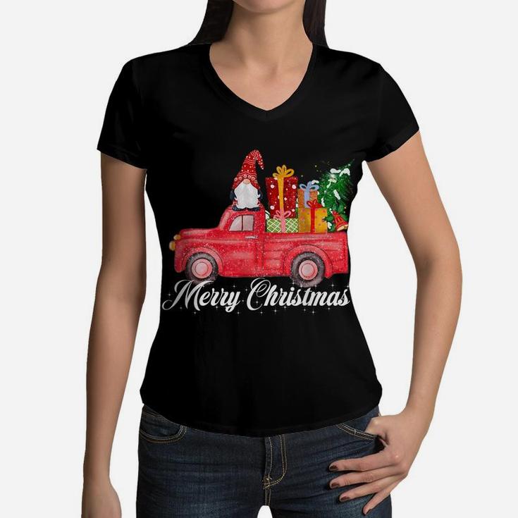 Merry Christmas Red Gnome Truck Funny Gifts Men Women Kids Women V-Neck T-Shirt