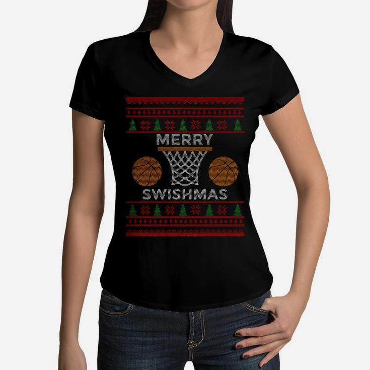 Merry Swishmas Basketball Funny Cool Boy Christmas Gift Women V-Neck T-Shirt