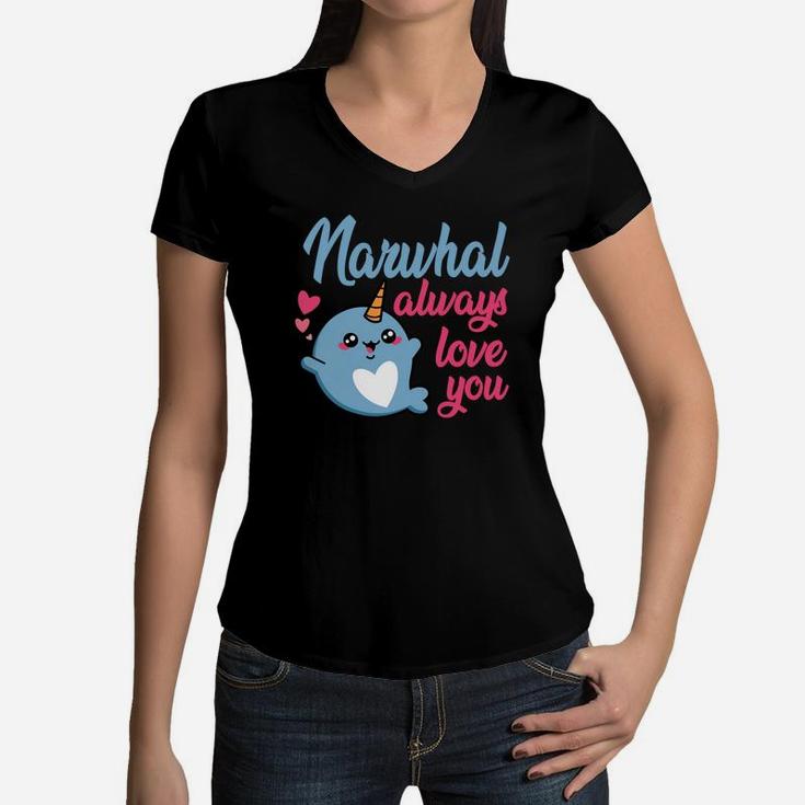 Narwhal Always Love You Cute Valentine Gift Happy Valentines Day Women V-Neck T-Shirt