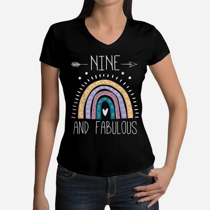 Nine And Fabulous 9Th Birthday Gifts For Girls Rainbow Women V-Neck T-Shirt