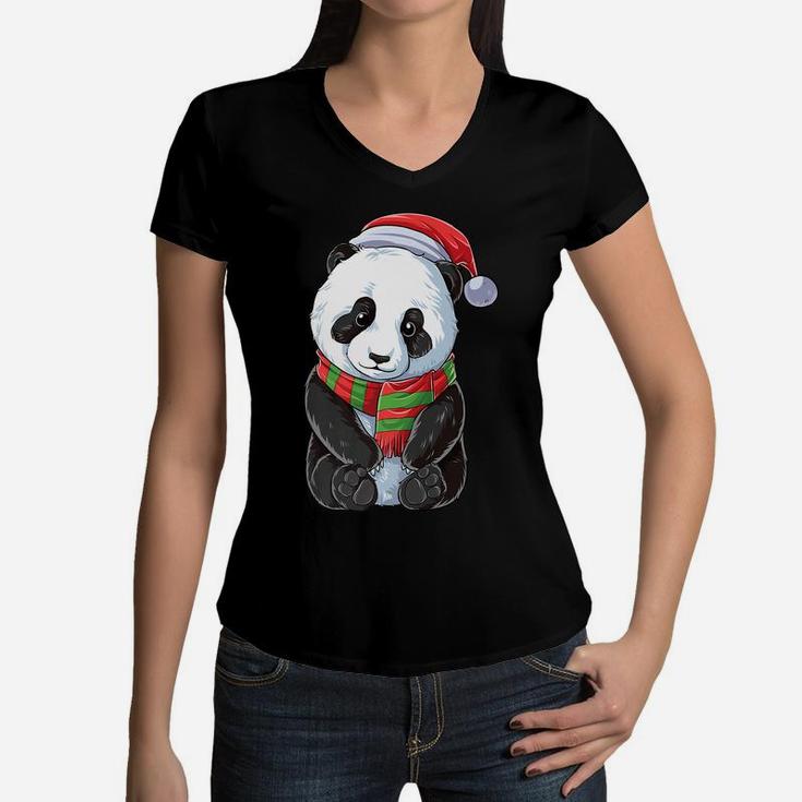 Panda Christmas Santa Hat Funny Xmas Gifts Boys Girls Bear Women V-Neck T-Shirt
