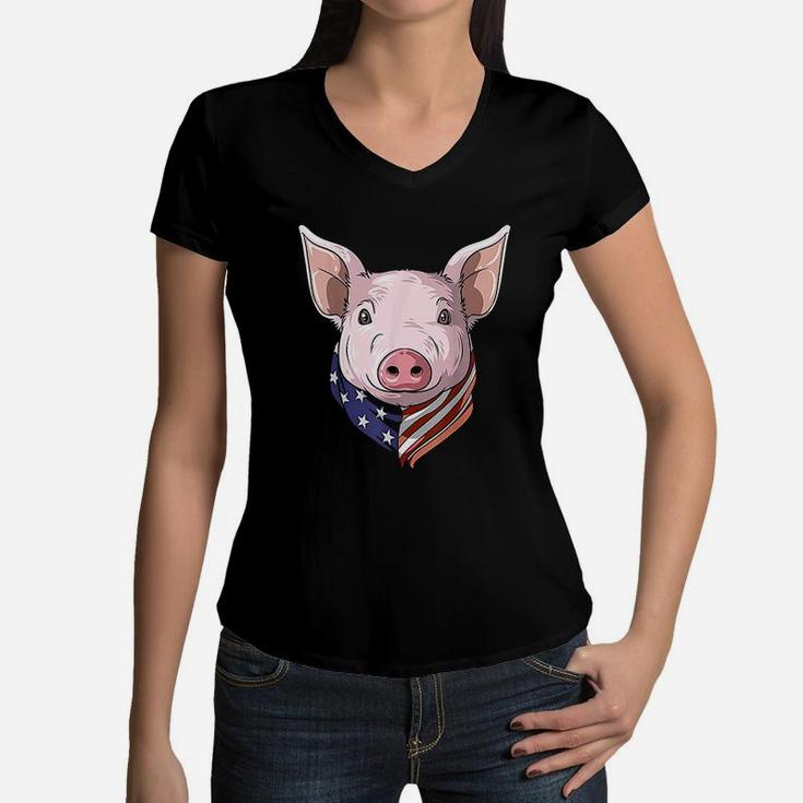 Patriotic Pig American 4th Of July Pig USA American Flag Women V-Neck T-Shirt