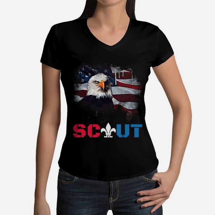 Patriotic Scout Boy Girl Scouting Lover Us Flag Eagle Sweatshirt Women V-Neck T-Shirt