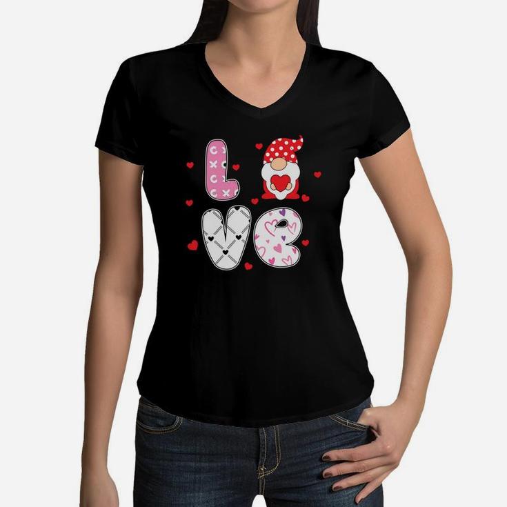 Pink Love Heart Gnomes For Valentines Day Happy Valentines Day Women V-Neck T-Shirt