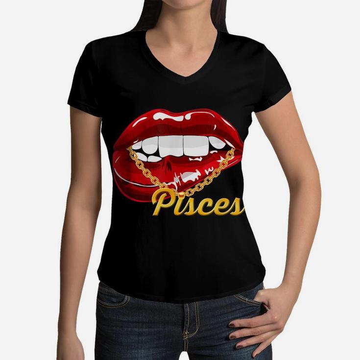 Pisces Girl Juicy Lips Gold Chain Astrology Zodiac Sign Women V-Neck T-Shirt