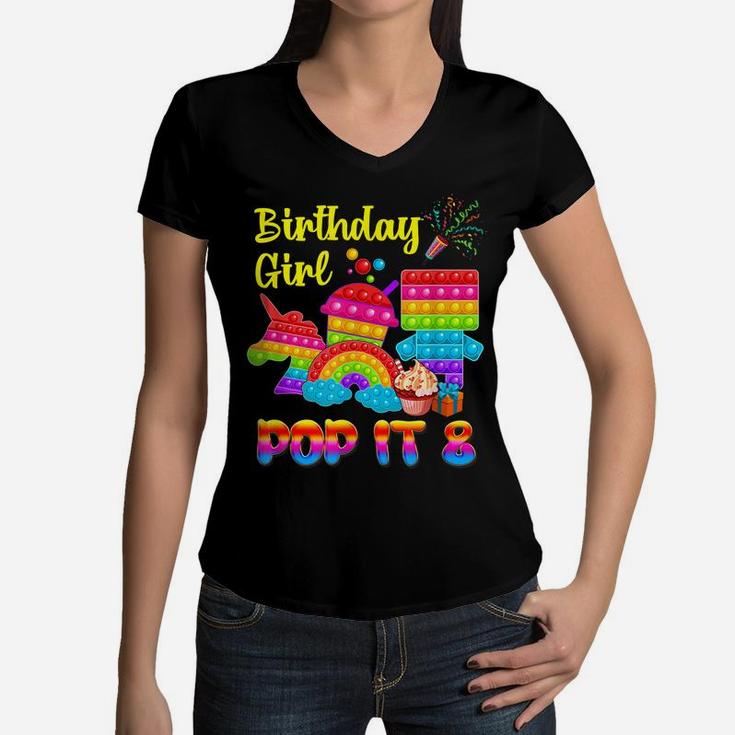 Pop It 8 Birthday Girl Pop Party Graphic Unicorn Gift Girls Women V-Neck T-Shirt