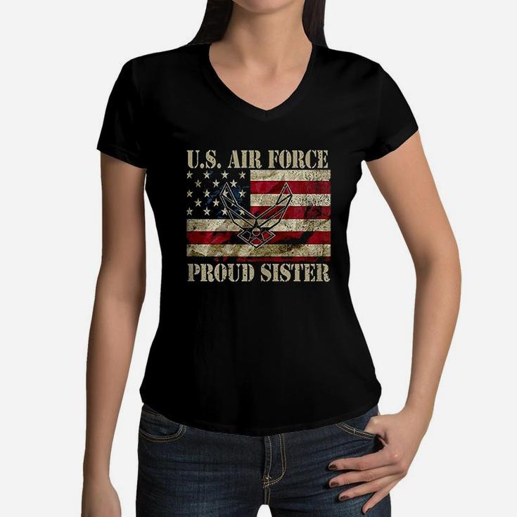 Proud Sister Us Air Force Vintage Usa Flag Retro Girls Women V-Neck T-Shirt