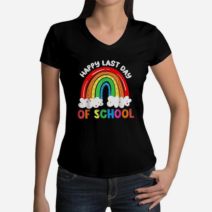 Rainbow Happy Last Day Of School Teacher Boys Girls Kids Women V-Neck T-Shirt