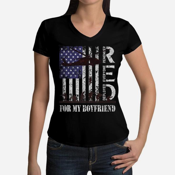 Red Friday For My Deployed Boyfriend Us Flag Military Army Women V-Neck T-Shirt
