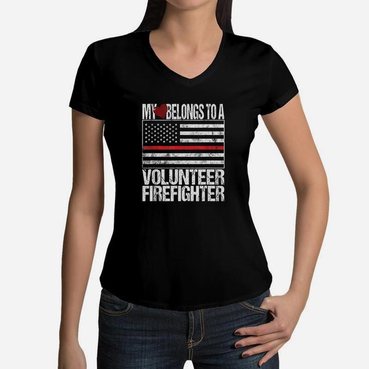 Red Line Flag Fireman Wife Girlfriend Volunteer Firefighter Women V-Neck T-Shirt