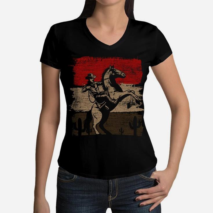 Retro Horse Riding Western Cowboy Women V-Neck T-Shirt