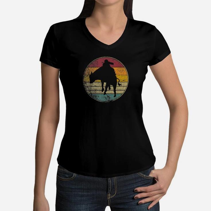 Rodeo Cowboy Bull Riding Vintage Retro Silhouette Distressed Women V-Neck T-Shirt