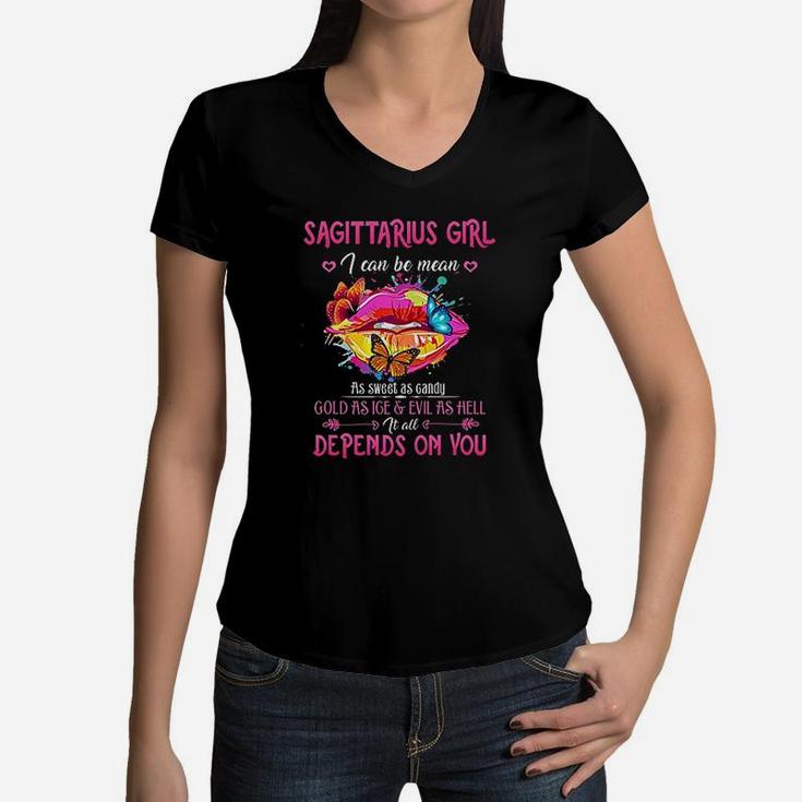 Sagittarius Girl Lips November December Queen Birthday Zodia Women V-Neck T-Shirt