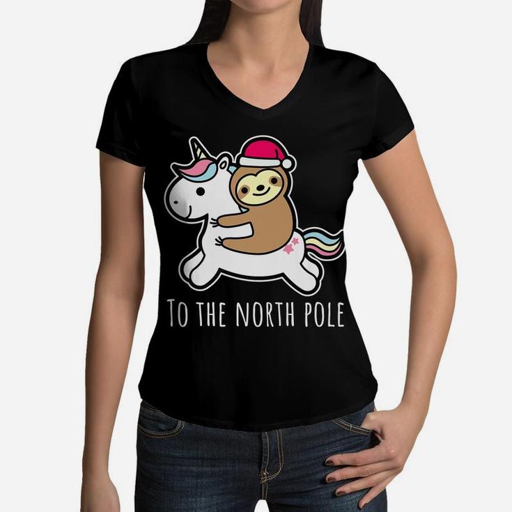 Santa Sloth Riding Unicorn Funny Girl Christmas Shirt Gift Women V-Neck T-Shirt