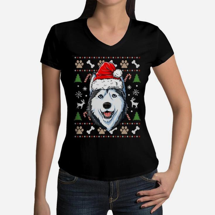 Siberian Husky Ugly Christmas Dog Santa Hat Xmas Boys Kids Sweatshirt Women V-Neck T-Shirt