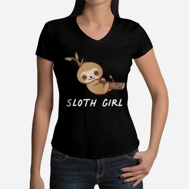 Sloth Girl Cute Animal Kawaii Lover Aesthetic Family Zip Hoodie Women V-Neck T-Shirt