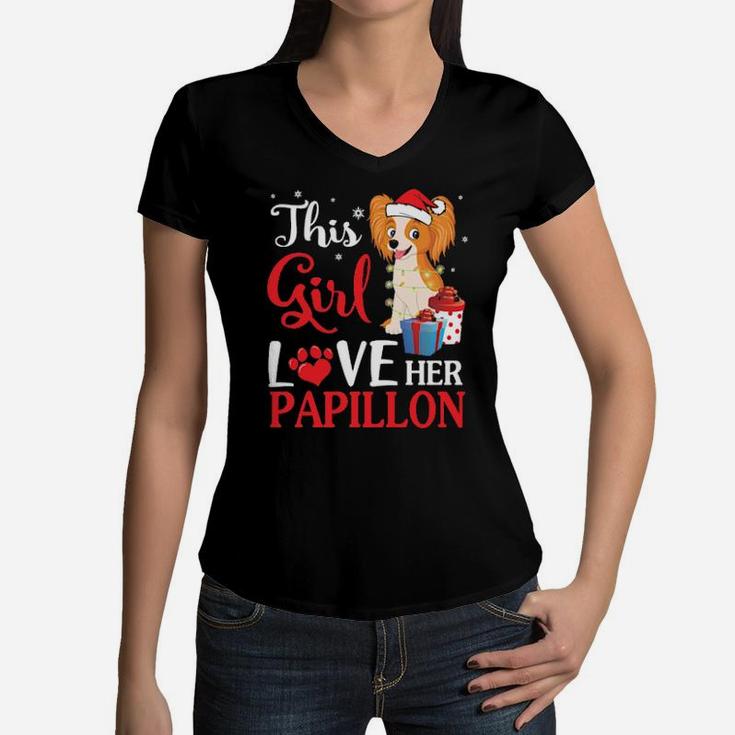 Snow And Xmas Gifts This Girl Love Her Papillon Noel Costume Women V-Neck T-Shirt