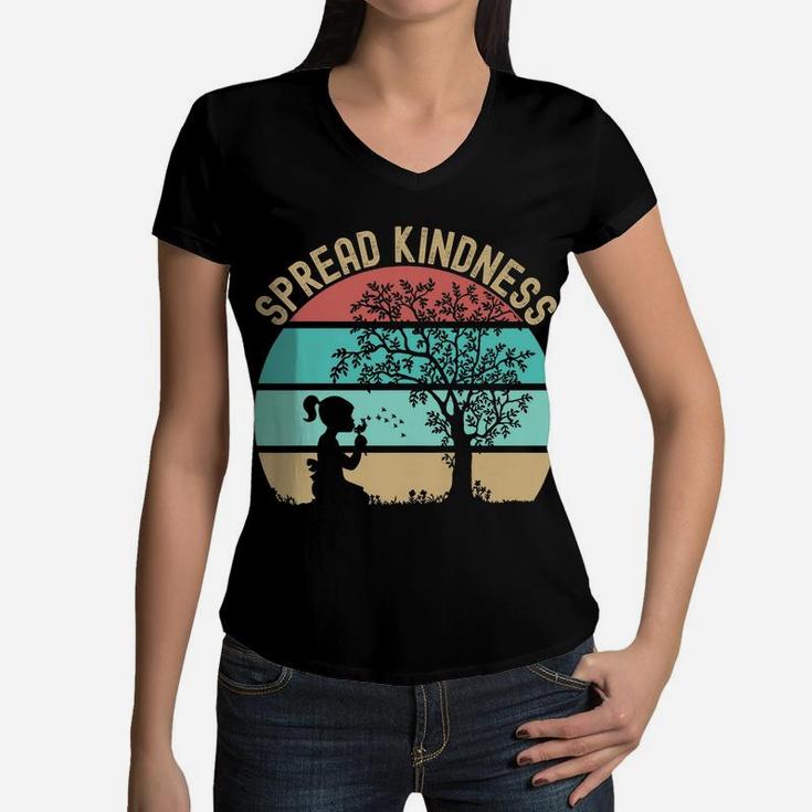 Spread Kindness Dandelions Girl Under Tree Retro Sunset Women V-Neck T-Shirt