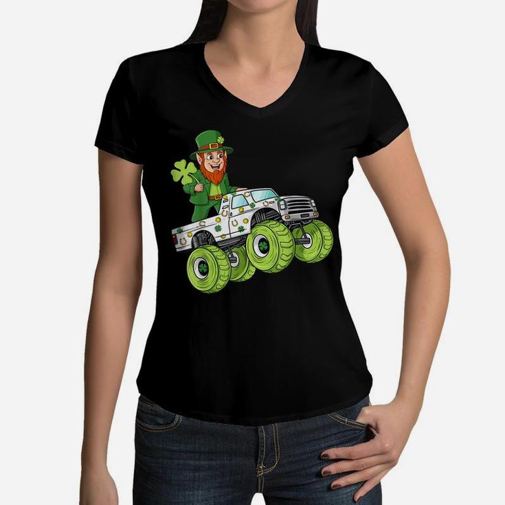 St Patricks Day Leprechaun Monster Truck Lucky Boys Kids Women V-Neck T-Shirt
