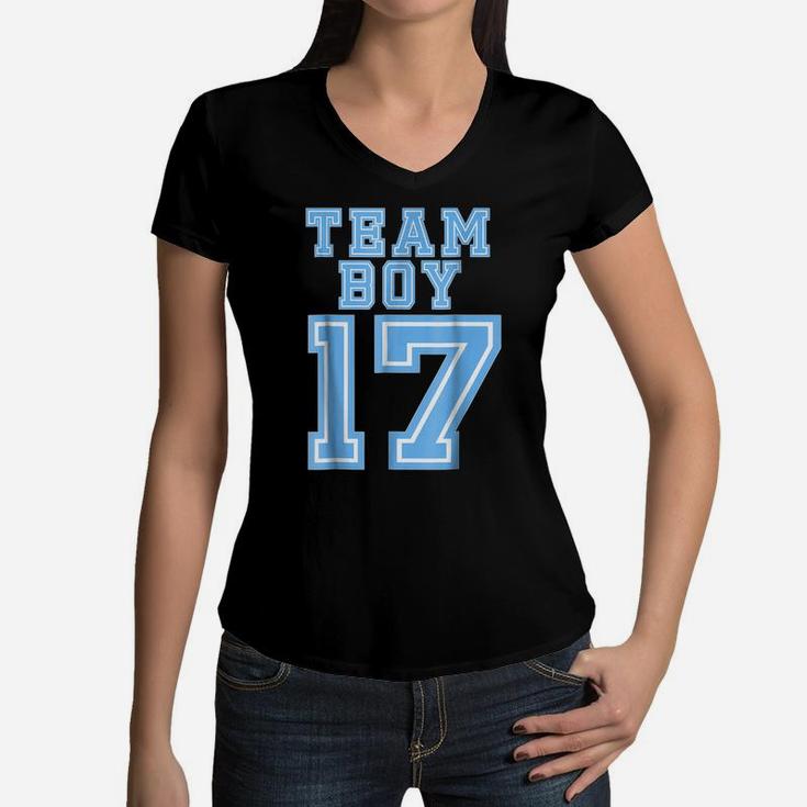 Team Boy 2017 17 Baby Shower Gender Reveal Party Cute Blue Women V-Neck T-Shirt