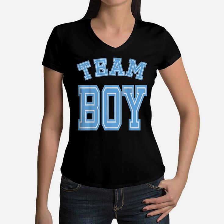 Team Boy Gender Reveal Party Baby Shower Cute Funny Blue Women V-Neck T-Shirt