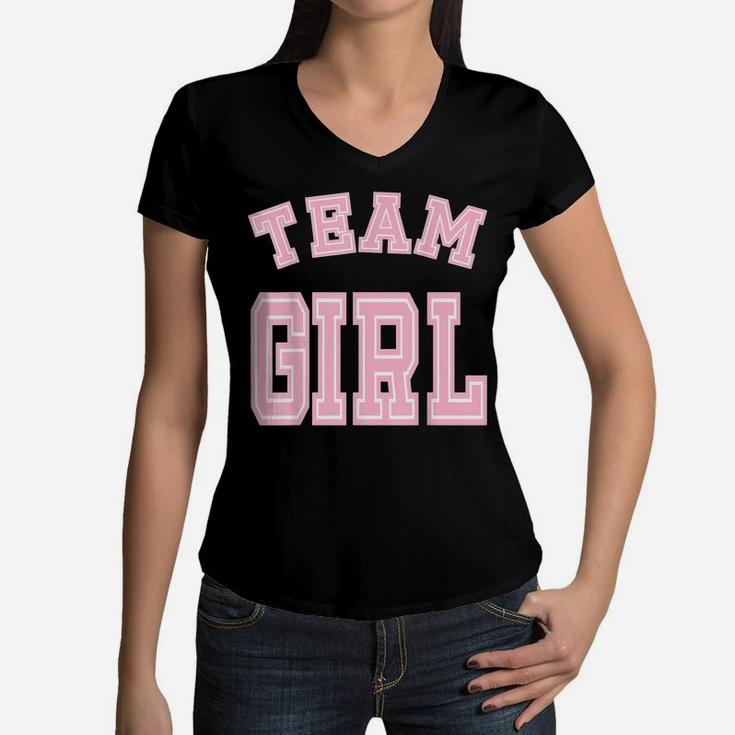 Team Girl Baby Shower Gender Reveal Party Cute Funny Pink Women V-Neck T-Shirt
