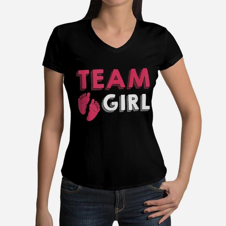 Team Girl Gender Reveal Baby Shower Birth Party Family Gift Women V-Neck T-Shirt
