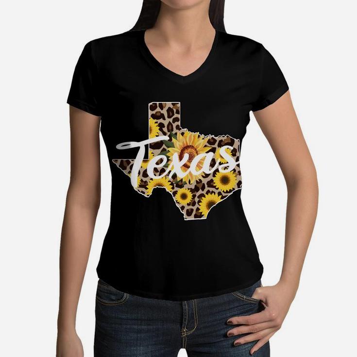 Texas Girl Sunflower Leopard Rustic Black State Pride Women V-Neck T-Shirt