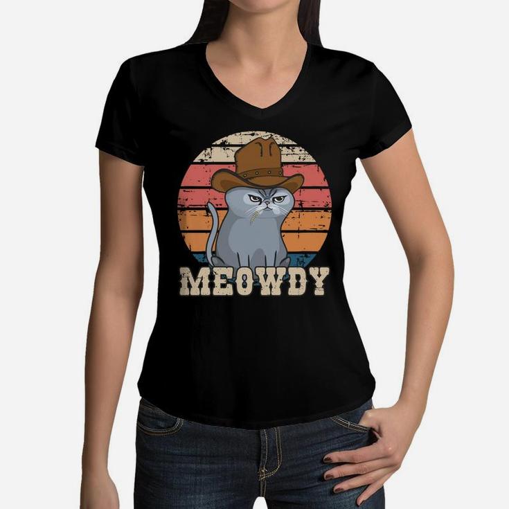 Texas Meowdy Cat Cowboy Hat Feline Funny Lover Pun Vintage Women V-Neck T-Shirt