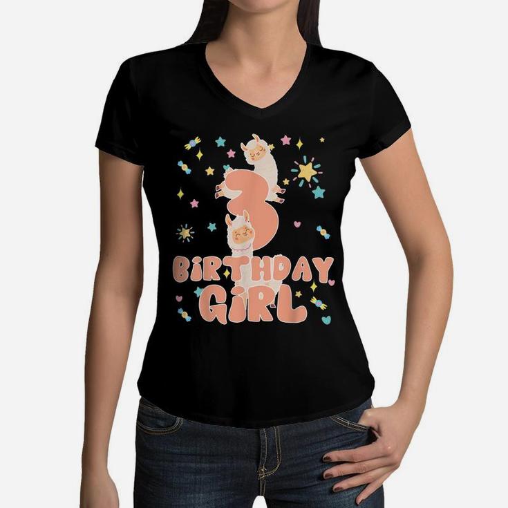 The Birthday Girl 3 Years Old Llama Matching Family Party Women V-Neck T-Shirt
