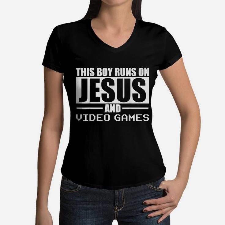 This Boy Runs On Jesus And Video Games Christian Gaming Women V-Neck T-Shirt